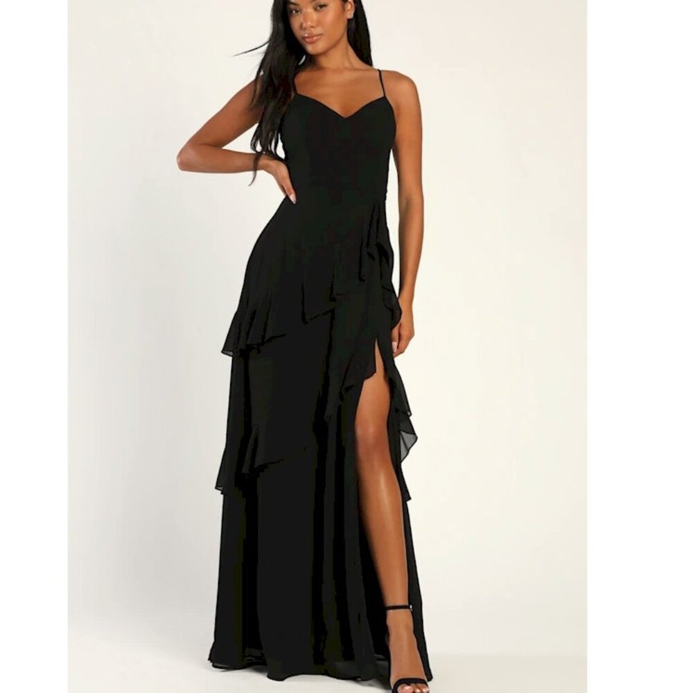 Lulus Blessed with Beauty Black Ruffled Sleeveless Maxi Dress Size Small NWT - Picture 2 of 6